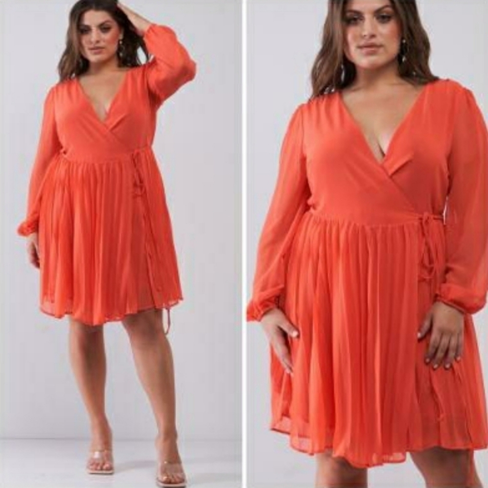 NWT‎ Haute Curve faux wrap pleated coral sheer long sleeve dress